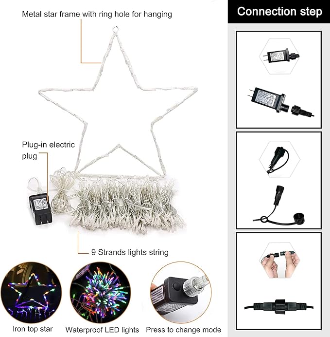 PUHONG Christmas Lights, Decorations Star Lights, 320 LED Christmas Tree Lights Outdoor, Outdoor String Lights, 8 Light Modes with 12" Lighted Star for Xmas New Year (Iron-Multicolor)