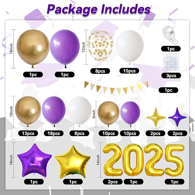 Purple Gold White Balloons Arch Kit with Star Balloon Pennant Flag Bunting 2025 Foil Balloon Banner Purple Gold Confetti Balloons Garland for Class of 2025 Graduation Theme Birthday Party Supplies