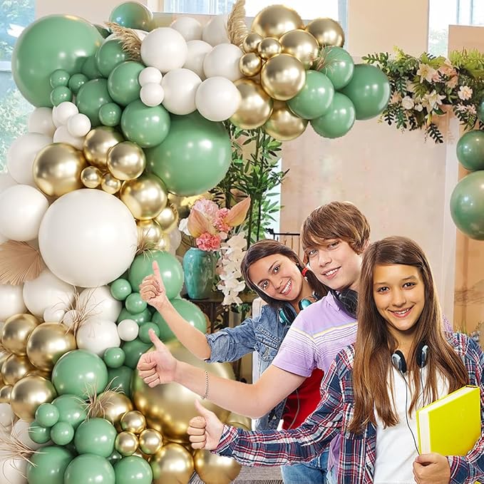 155Pcs Sage Green Arch Kit with Pea Green White Gold Balloons for Baby Shower Bridal Shower Birthday Engagement Wedding Wild One Party Decorations