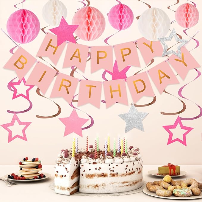 meowtastic Birthday Decorations, Happy Birthday Banner with Honeycomb Balls, Stars Hanging Swirls Streamers, Circle Dots Garland, Happy Birthday Party Decorations for Women Men Boys Girls (Pink)