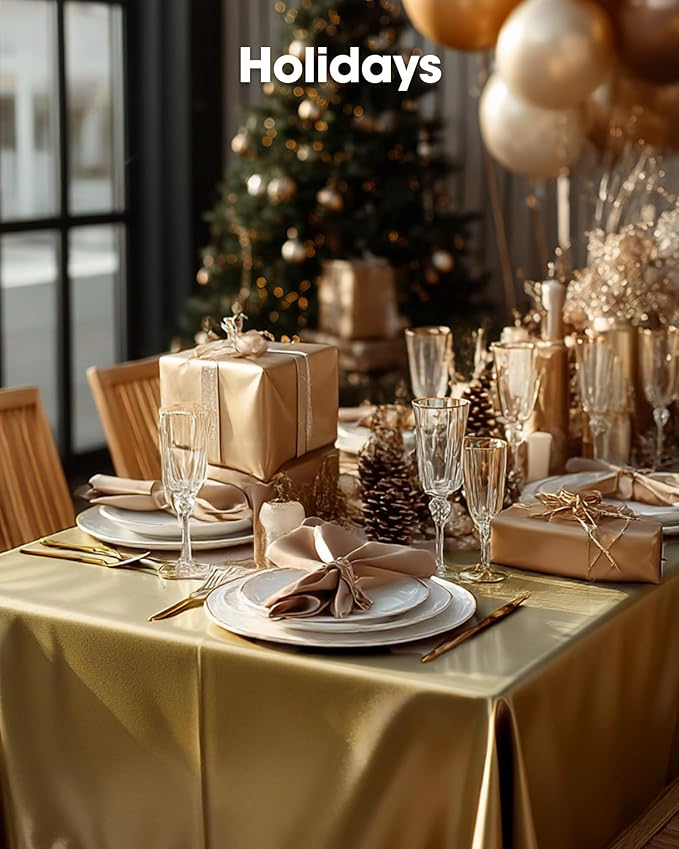 Pureegg Plastic Table Cloth Disposable 10 Pack, 54 x 108 Inch Table Cloths, Graduation Decorations, Thanksgiving, Christmas Tablecloths, Rectangle, Plastic Cover, Leakproof & Sturdy, Gold