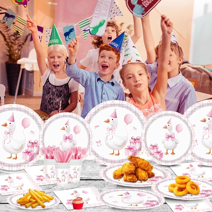 140pcs Pink Pet Duck Birthday Decorations Supplies, Disposable Paper Dinnerware Set Paper Plates Napkins Cups Set for 20 Guests Duck