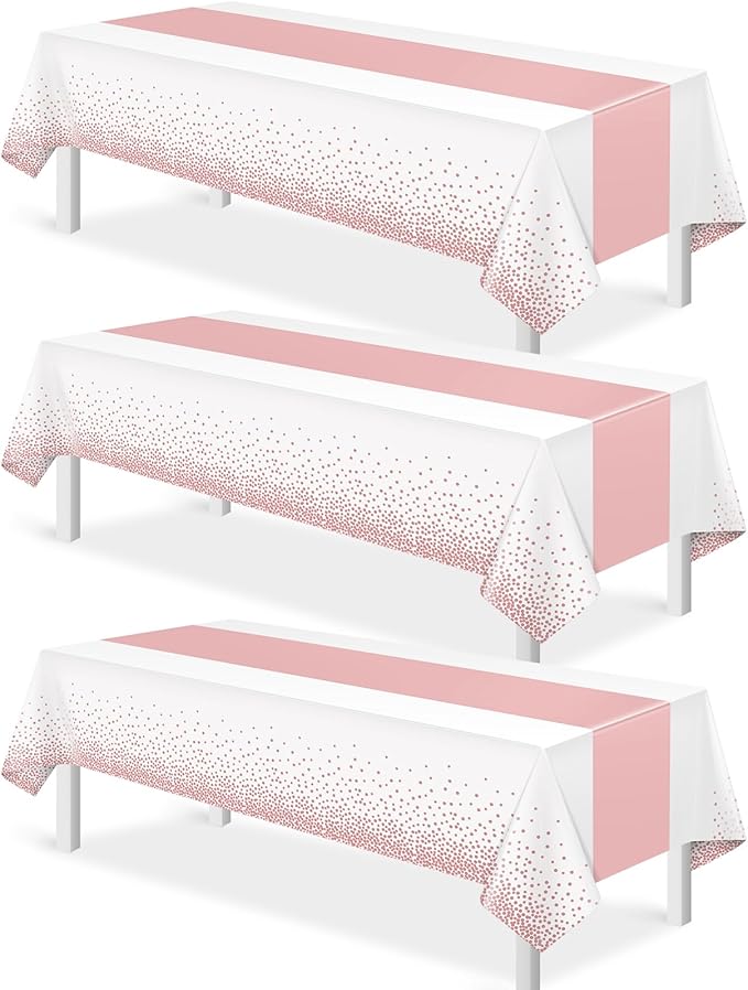 3Pcs White and Rose Gold Tablecloth Party Decorations,Plastic White Table Cloth Printed Rose Gold Table Runner Disposable Rectangle Cover for Birthday Anniversary Wedding Grad Party,54 x108 Inch