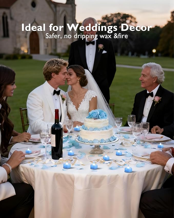 Amagic 2000 Pieces Light Blue Artificial Rose Petals with 24 Light Blue LED Tea Lights, Rose Petals and Candles Set for Proposal, Anniversary, Romantic Night, Wedding Decor