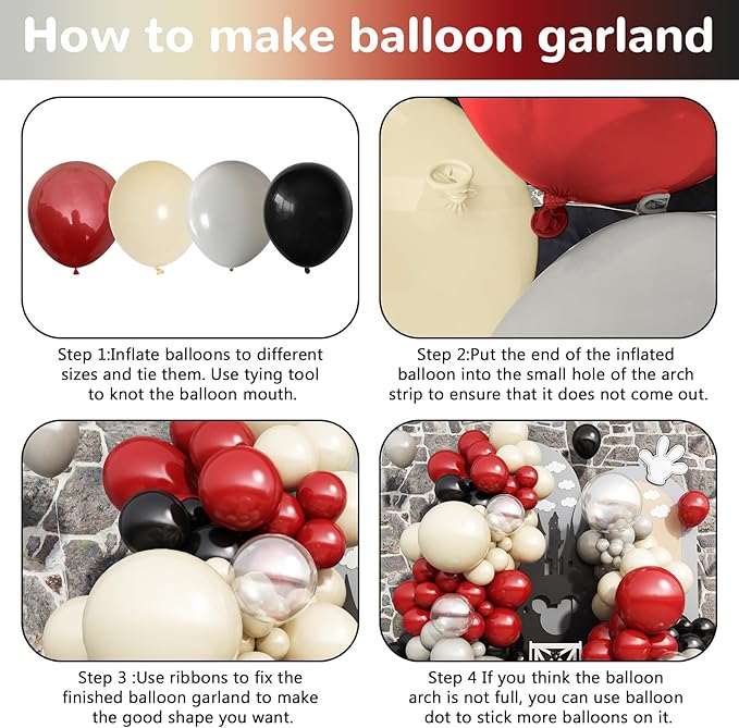 Ruby Red and Black Balloons Arch Kit, 124 Pcs Cartoon Birthday Decorations Balloon Garland, Black Dark Red Grey Nude Clear Balloons for Mouse 1st Birthday Clubhouse Decorations Party Supplies