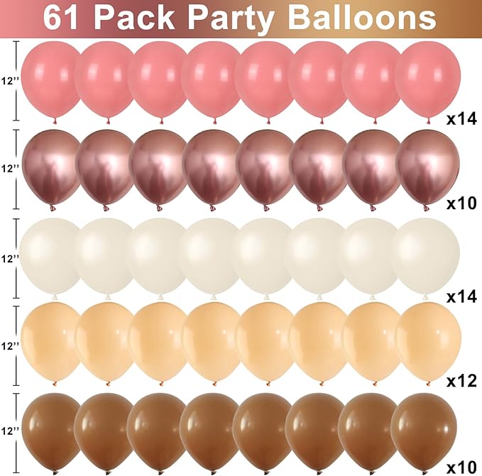 Boho Blush Pink Brown Balloons, 12-Inch Retro Blush Brown Beige Latex Balloons Set for Bridal Baby Shower Girl Birthday Wedding Decoration