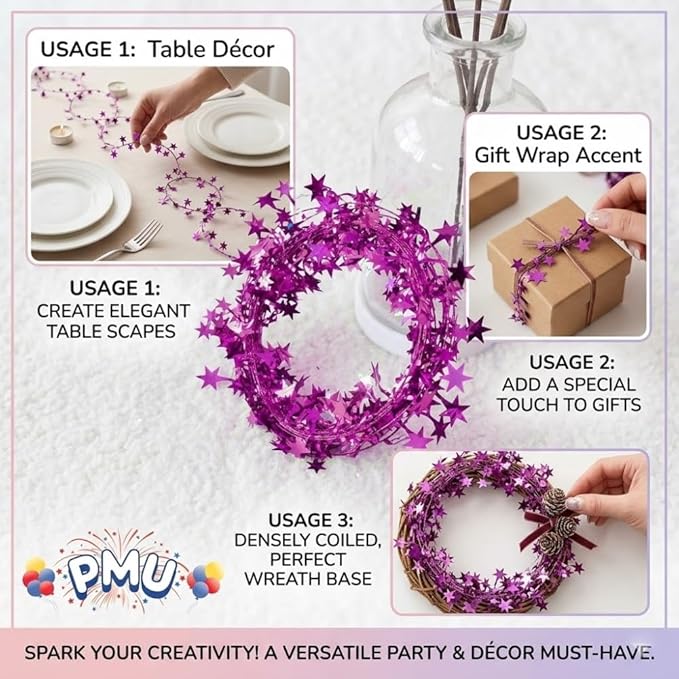 PMU 75 Ft Star Wire Shiny Garland Light Pink - Halloween, Christmas Party, Wedding, Birthday, Festive Home Decoration Ornament Light Pink (3pc-25Ft Each)
