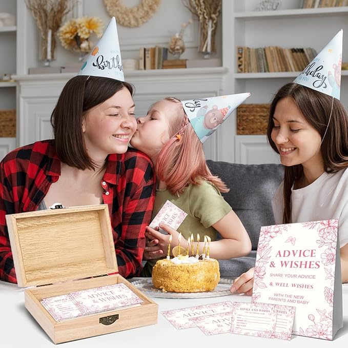 Pink Floral Baby Shower Advice Cards, Baby Shower Advice Boxes, Advice & Wishes Cards Box Presents for Babies, 50 Pcs Double Sided Card and Wooden Well Wish Box, Party Decoration Gifts for New Parents