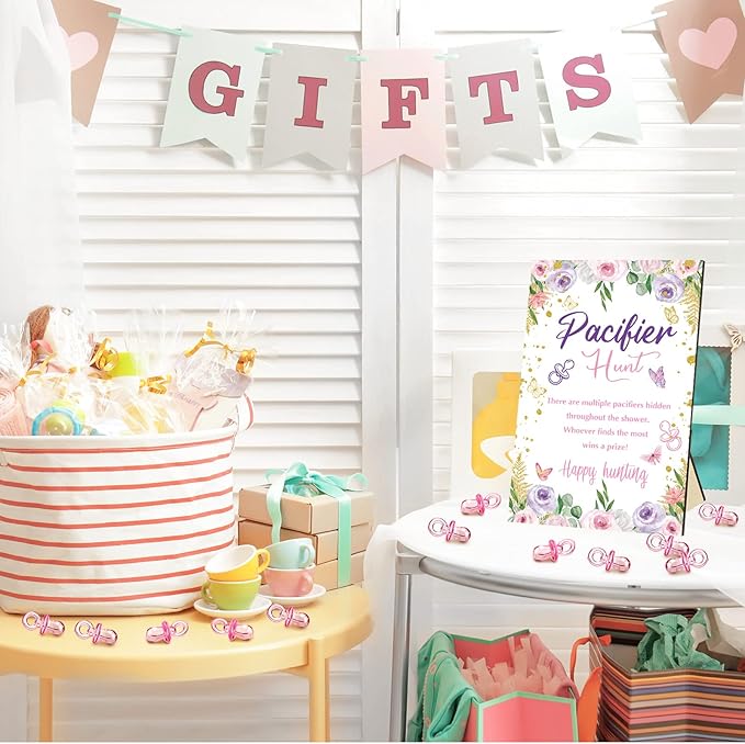 Thyle 51 Pcs Pacifier Hunt Baby Shower Games Include Hunt Sign and 50 Acrylic Pacifiers for Baby Shower Game Decoration Gift Sets Gender Reveal Party Decor(Butterfly)