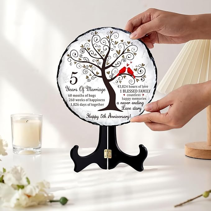 Wood Anniversary Slate Plate – 5th Wedding Gifts for Parents & Couples – Unique 5th Anniversary Wedding Gift Ideas – 5 Years of Marriage Decoration, Keepsake, Slate