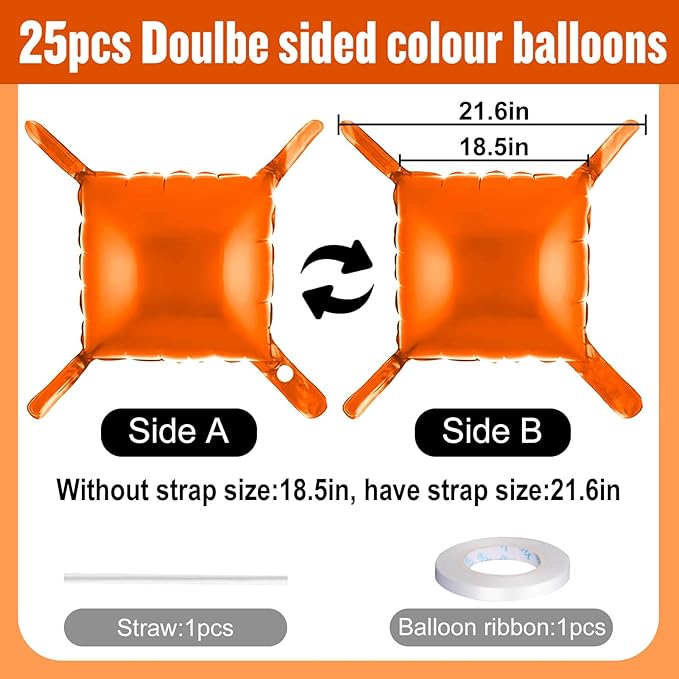 25Pcs Orange Square Foil Balloons Wall Backdrop, Double Sided Metallic Foil Balloons Tunnel Arch Garland Kit for Photo Booth Birthday Wedding Graduation Halloween Party Decorations