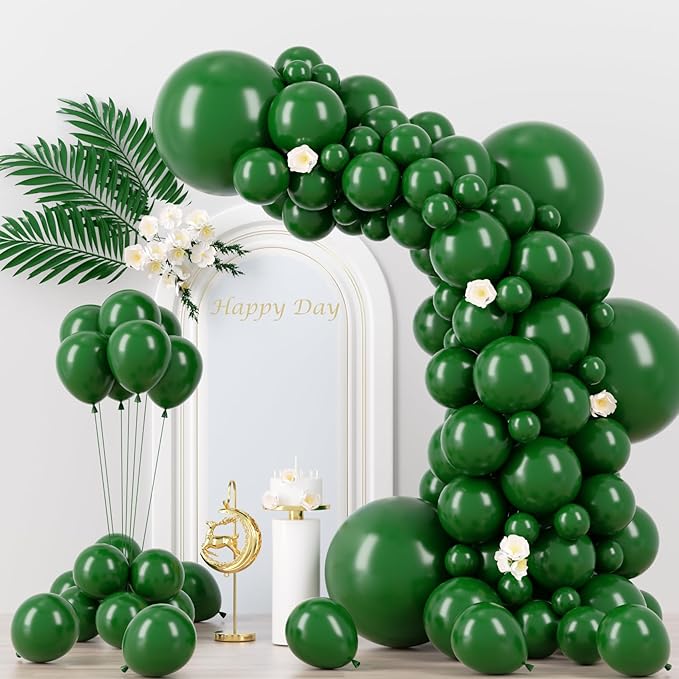 130pcs Dark Green Balloons Different Sizes 18" 12" 10" 5" Hunter Green Balloons for Birthday Dinosaur Baby Shower St. Patrick's Day Summer Jungle Forest Safari Party Decorations