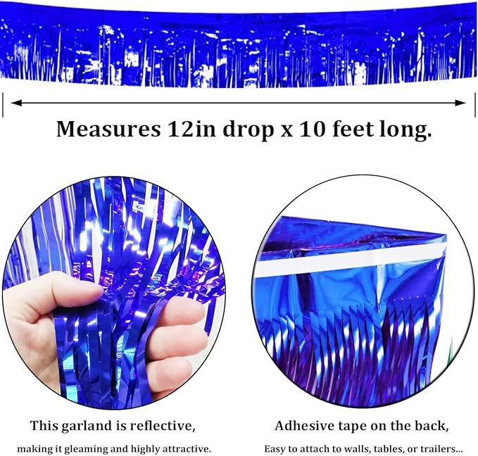3 Pack Blue Total 30 Feet Foil Fringe Garland Metallic Tinsel Banner Wall Hanging Drapes Parade Float Skirting Decorations for Trailer Mardi Gras Party Birthday Baby Shower (Royal Blue)