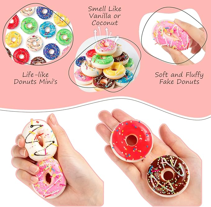 24 pcs Donut Stress Ball, Artificial Donuts Stress Relief Ball, Fake Mini Donut for Christmas Birthday Present Stocking Stuffers Goodie Bag Stuffers