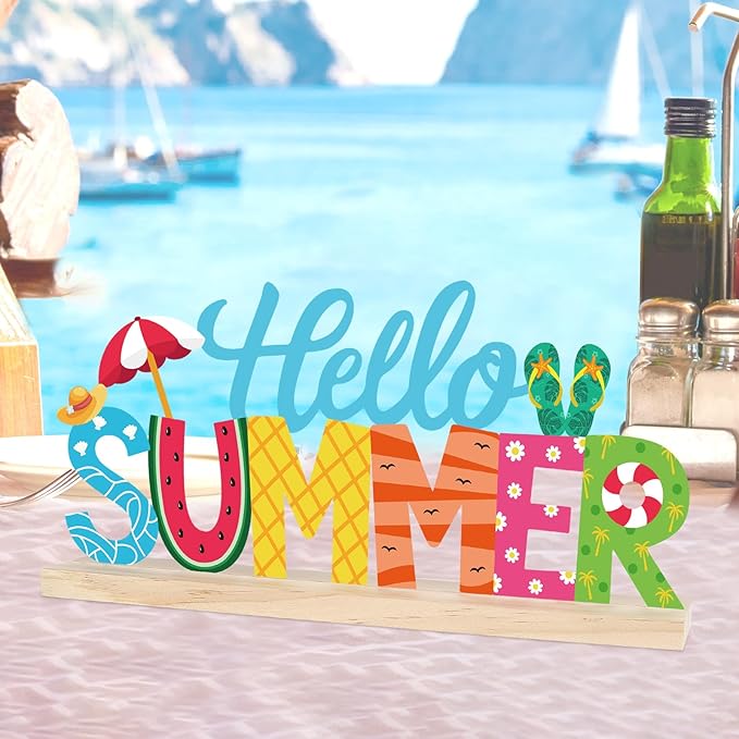 COCHIE Metal Hello Summer Sign, Summer Decorations for Home, Office, Shelf, Mantel, Indoor, Beach Slippers Tabletop Centerpiece Decoration, Watermelon Red Decor (Beach)