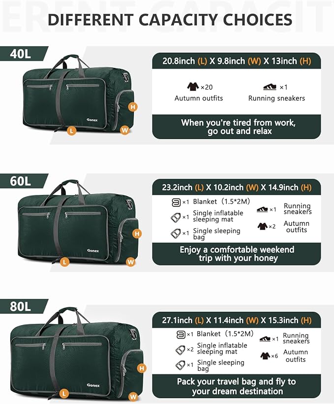 Gonex 40L 60L 80L 100L 150L Large Foldable Travel Duffle Bag with Shoes Compartment, Packable Lightweight Water Repellent Duffel Bag for Camping Gym Weekender Bag