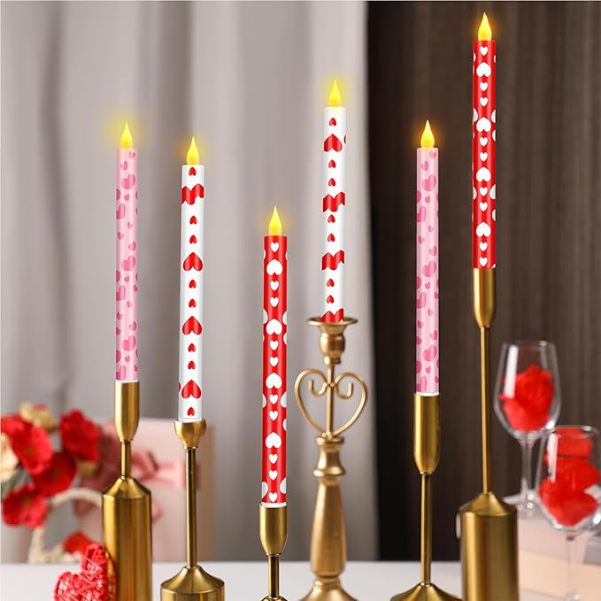 Honoson 6 Pcs Valentine Day Flameless Taper Candles 10.6 Inch Heart Shaped Candles Battery Operated LED Candlesticks for Valentine Wedding Anniversary Dinner Table Home Party Decor