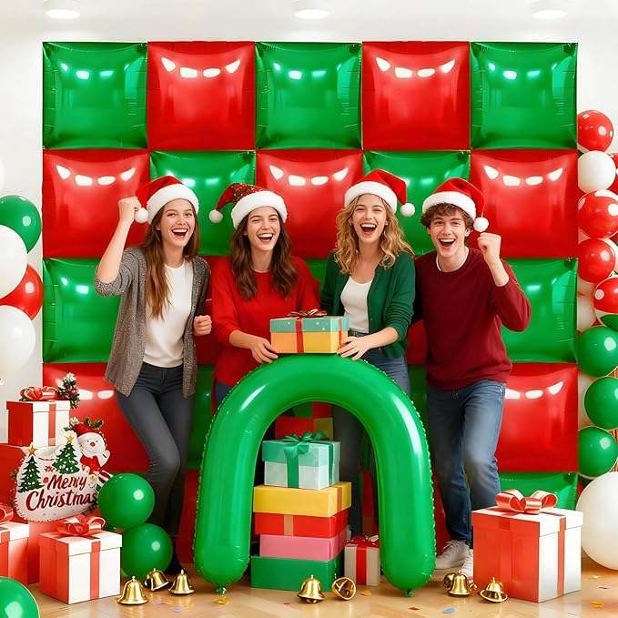 36Pcs Red and Green Square Foil Balloons Wall Backdrop, Double Sided Metallic Foil Balloons Tunnel Arch Garland Kit for Photo Booth Birthday Wedding Halloween Christmas Party Decorations