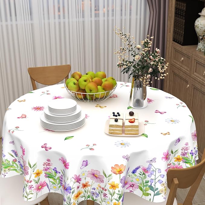 Pink Floral Tablecloth Round 70 Inch Spring Yellow and Pink Wildflower Outdoor Table Cloth Farmhouse Butterfly Flower Table Cover for Kitchen Dinner Room Holiday Party Indoor Outdoor Home Decor