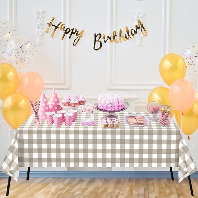 WNINK 2 Pack Brown Checkered Rectangular Plastic Tablecloths, Brown and White Gingham Waterproof Disposable Table Covers 54" x 108" for Birthday, Baby Shower, Wedding, Outdoor Picnic Parties