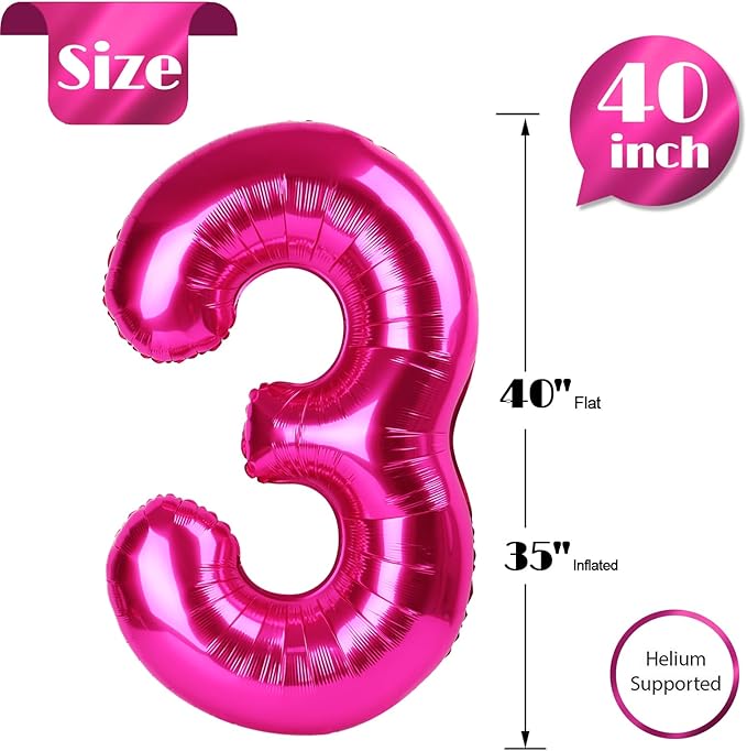 Hot Pink Number 3 Balloon 40 Inch, 3 Balloon Number, 3rd Birthday Decorations, Hot Pink Party Supplies for Boys Girls