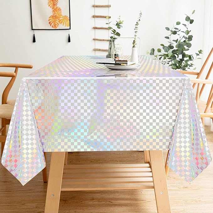 2 Pack White and Iridescent Checkered Tablecloth Shiny Disposable Holographic Foil Table Cloth Plastic Laser Rectangle Table Cover for Picnic Birthday Party Race Car Tablecloth
