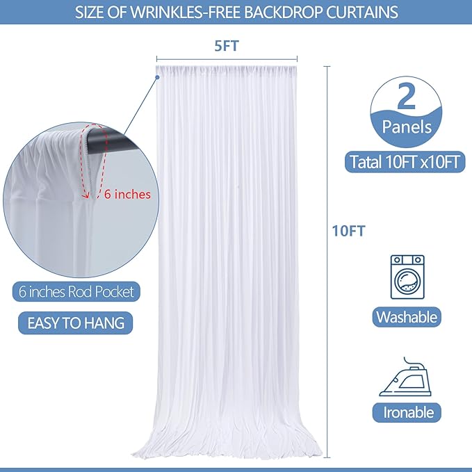 10x10ft Wrinkle Free White Backdrop Curtain for Parties Soft Fabric Drapes Wedding White Curtain Backdrop for Birthday Party Decorations Background for Photography 5x10ft, 2 Panels