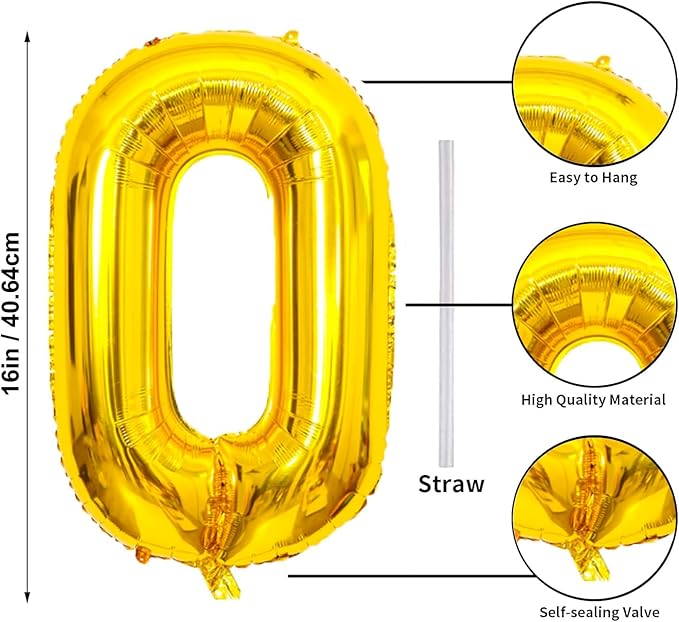 16 In Gold Large Numbers Balloons 0-9, Self Inflating Number 0 Balloons for Boys Girls, Big Gold Digit 0 Balloons for Women Men Birthday Party Anniversary Wedding Supplies Decorations