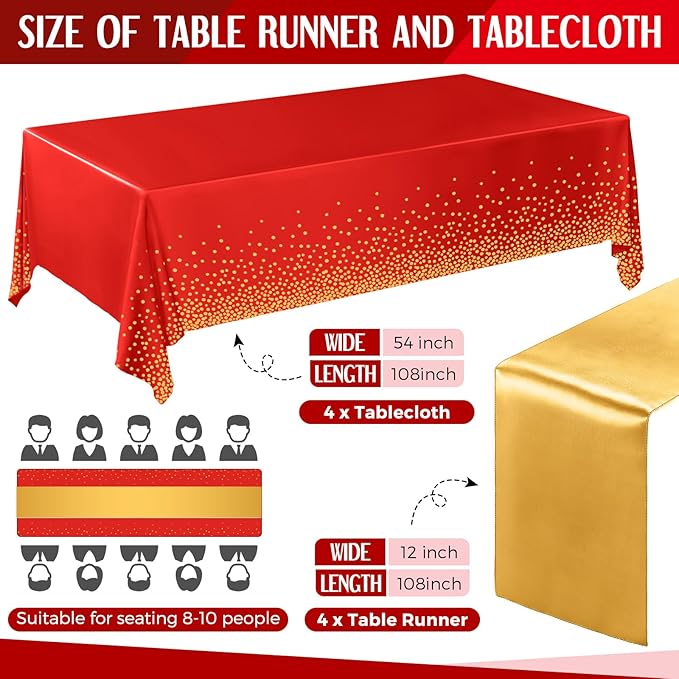 Breling 8 Pack Red and Gold Disposable Plastic Tablecloths and Satin Table Runner Set, 54 x 108 Inch Tablecloth, 12 x 108 Inch Table Runners for Wedding Graduation Birthday Baby Shower New Year