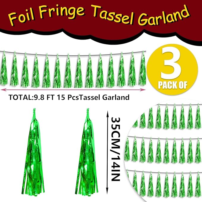 3P Metallic Fringe Tassel Banner Garland Foil Tinsel Streamer Wall Hanging Curtain Backdrop Banner for Parade Floats, Graduation Decorations, Father's Day Party Decoration(Green)