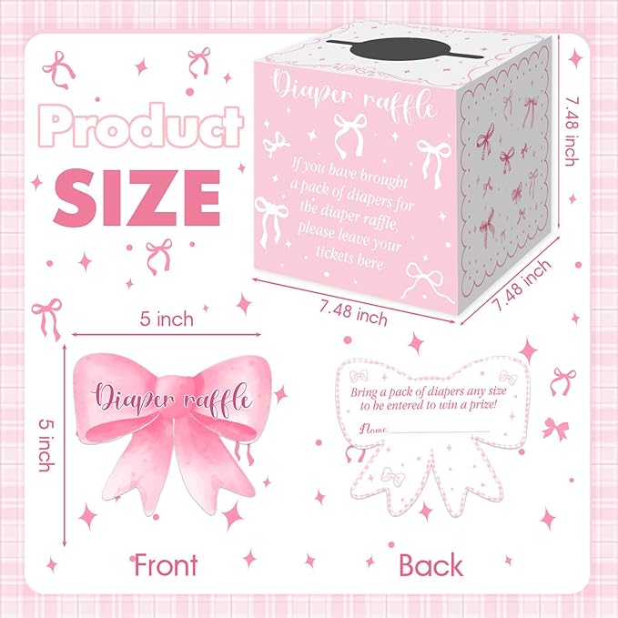Pink Bow Baby Shower Decorations, Diaper Raffle Box for Baby Shower with 50PCS Cards Kids' Party Banners Game for Girl, Pink Bow Baby Shower Decorations Baby Shower Raffle Tickets