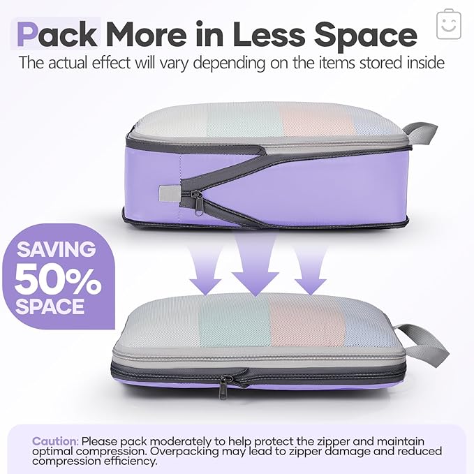 Veken 11 Set Compression Packing Cubes for Travel Essentials,Compressible Expandable Large Luggage Suitcase Organizer Bags for Clothing,Durable Space Saver Storage Bags(Light Purple)