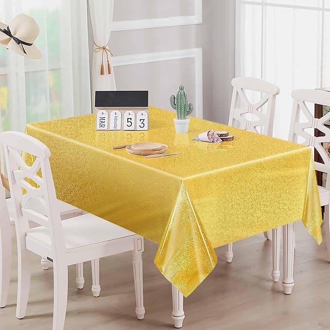 1 Pack Gold Iridescent Plastic Tablecloth Disposable 54 × 108 Inch Glitter Holographic Foil Table Cloth Plastic Laser Rectangle Table Cover for Birthday Wedding Disco Party