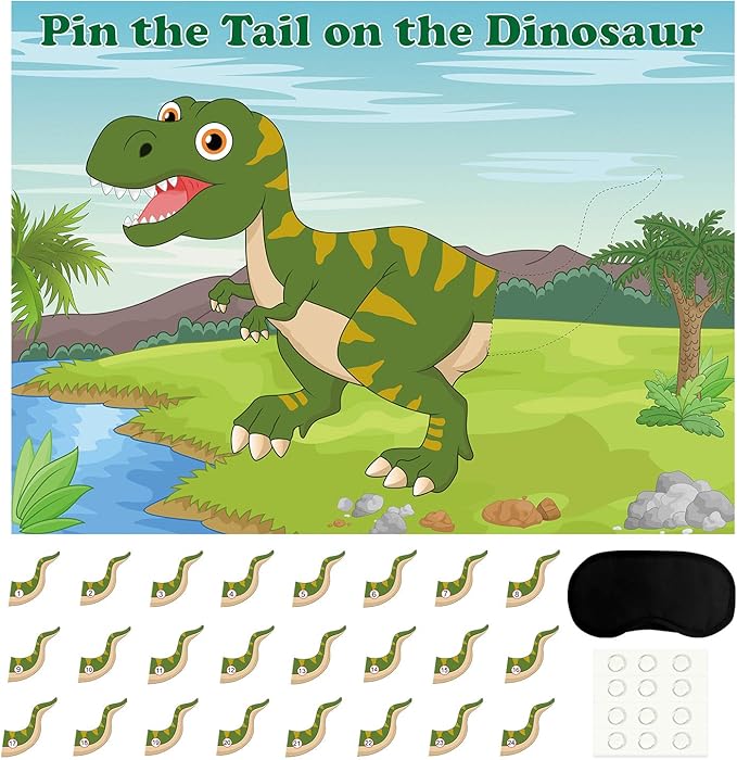 FEPITO Pin The Tail on The Dinosaur Game with 24 Pcs Tails for Dinosaur Birthday Party Supplies, Boys Dinosaur Party Game