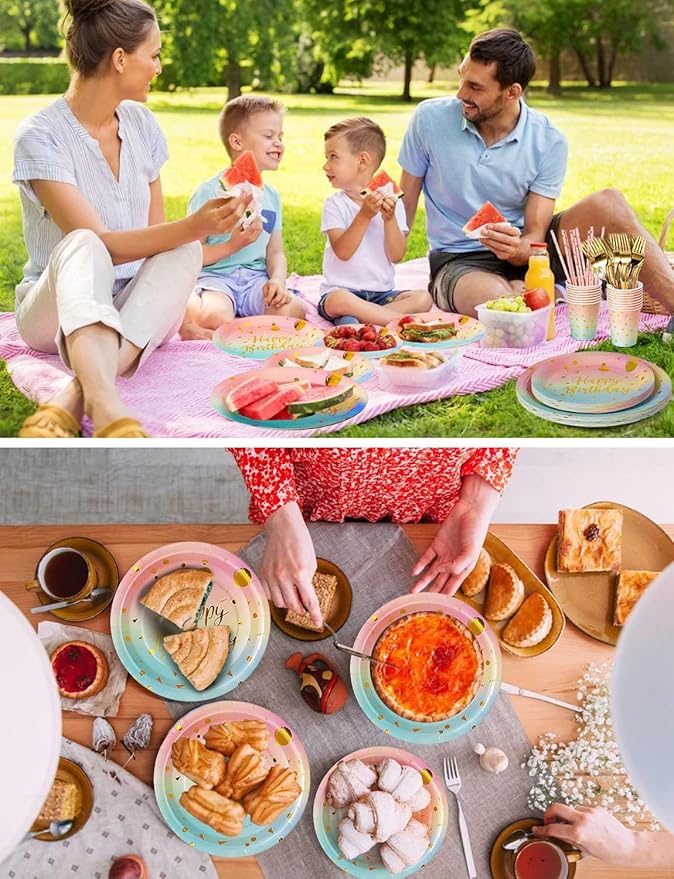 Birthday Party Tableware, 161 Pieces Rainbow gold Party Supplies, Party Dinnerware Sets Include Paper Plates Napkins Cups Silverware, for Shower Engagement Parties Decoration -20 Serves