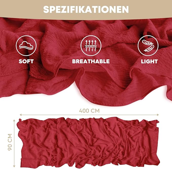 Artoid Mode Boho Cheesecloth Gauze Red Wedding Table Runner, 160 Inch Seasonal Christmas Fabric Kitchen Dining Holiday Table Decor for Home Party Indoor