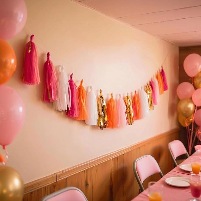 Shiny Tassel Garland Tissue Paper Tassel Banner,Tassels Decorations for Summer Luau Flamingo Girl,Wedding,Pumpkin Birthday Party,Bridal/Baby Shower,Pack of 20 (Hot Pink/Orange/Gold/White)