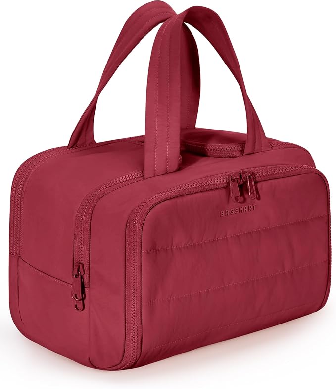 BAGSMART Travel Toiletry Bag, Puffy Toiletry Bag for Women, Wide-open toiletry bags for traveling, Large Travel Cosmetic Makeup Bag Organizer for Accessories,Toiletrie (Vintage Berry)