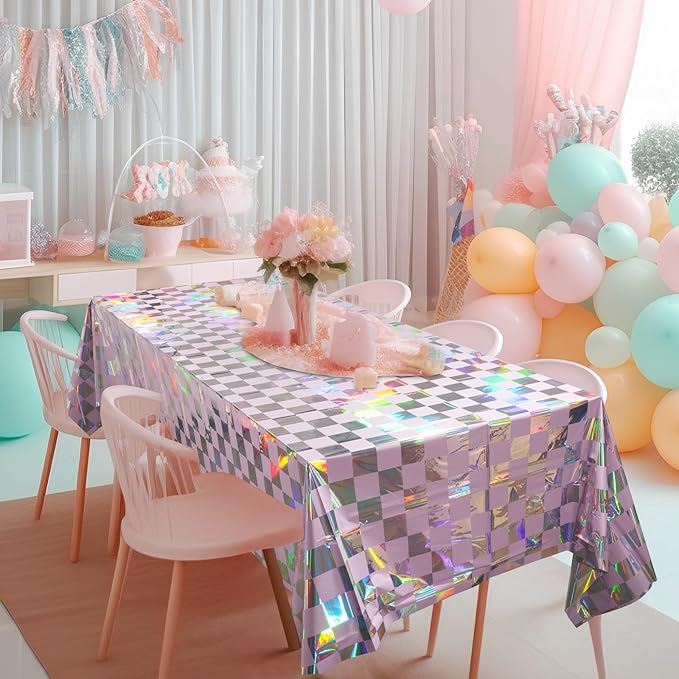 6Pack Iridescent Checkered and Purple Plastic Tablecloths Shiny Disposable Laser Rectangle Table Covers Holographic Foil Tablecloth Iridescent Party Decorations Birthday Bridal Baby Shower, 54x108Inch
