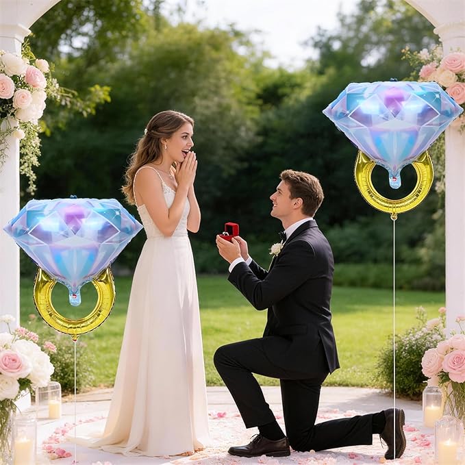 Diamond Ring Foil Balloons 2pcs, Mylar Engagement Ring Balloons for Engagement Bachelorette Bridal Shower Wedding Proposal Marriage Anniversary Just Engaged Married Party Marry Me Decorations Supplies