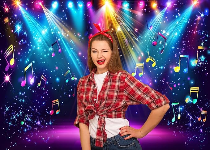 AIIKES 12x10ft Rainbow Stage Photography Backdrop1980s Colorful Disco Backdrop Rock Music Glow Neon Dance Birthday Party Decorations Backdrop XY142