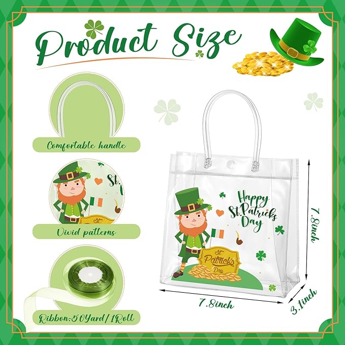 Henoyso 12 Pcs St. Patrick's Day Clear Gifts Bag Plastic Shamrock Party Favor Bags with Handles and Ribbon Green Lucky Clover Gift Bags 7.8 x 7.8 x 3.1 PVC Totes for Irish Goodie Treat Gift Wrap