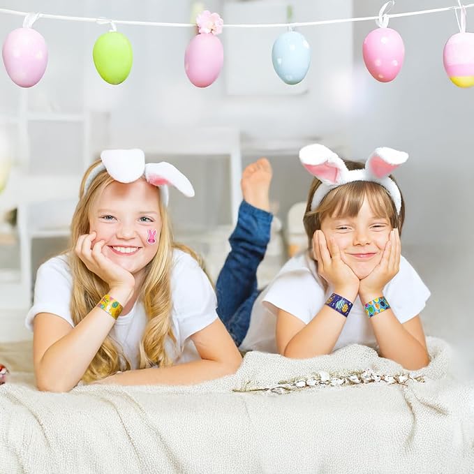 48 PCS Easter Slap Bracelets for Kids – Fun Bunny & Egg Designs, Party Favors, Goodie Bag Fillers, and Classroom Prizes