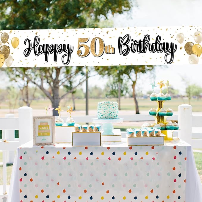 Happy 50th Birthday Decorations,50th Gold Balloon Large Birthday Hanging Banner Sign,Cheers to Fifty Years Old Bday Party Supplies.