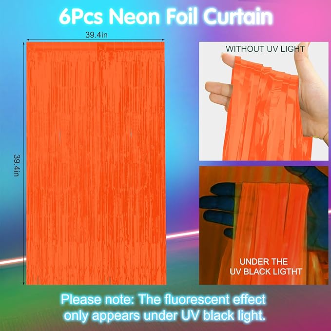 6 Pack 3.3Ft x 6.6Ft Orange Glow in The Dark Foil Fringe Curtain Backdrop Party Supplies, Fluorescent Macaron Metallic Tinsel Foil Streamers Curtain Photo Booth for Neon Birthday Party Decorations