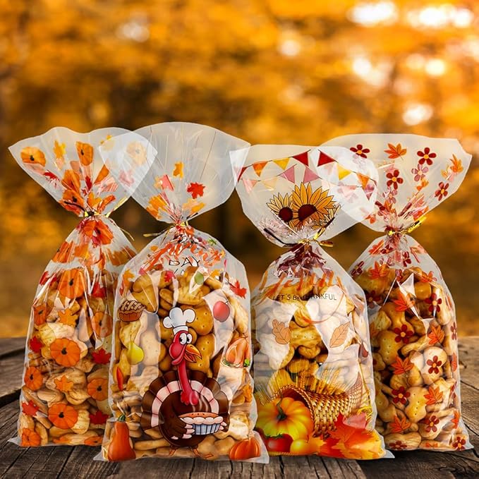 Thanksgiving Treat Bags, 100PCS Thanksgiving Goodie Bags with Twist Ties, Thanksgiving Gift Bags Plastic Candy Bags Cellophane Treat Bags Party Favor Bags Cookie Bags Fall Pumpkin Maple Leaves Bulk