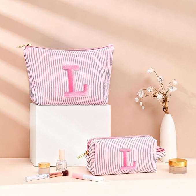 Cute Stuff for Teen Girls Gifts - 2 Piece Set Makeup Bags, Custom Makeup Organizer Pouch, 6-12 Year Old Girl Birthday Gifts, Travel Essentials, Personalized Birthday Gifts- Light Pink C