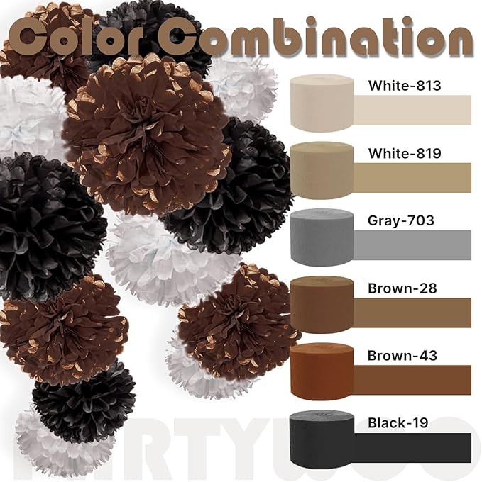 PartyWoo Brown Crepe Paper Streamers 4pcs 328ft Pack of Boho Neutral Sand White Crepe Paper Streamers for Birthday Baby Shower Wedding Graduation Anniversary Woodland Jungle Theme Party Decorations