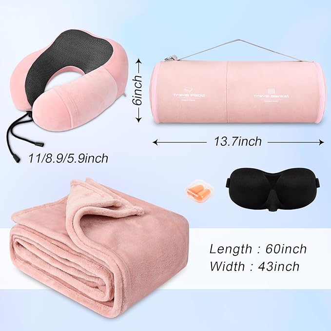 urnexttour Travel Pillow and Blanket Set Neck Pillows Travel Essentials with Sleep Mask for Airplane Car Memory Foam Pink