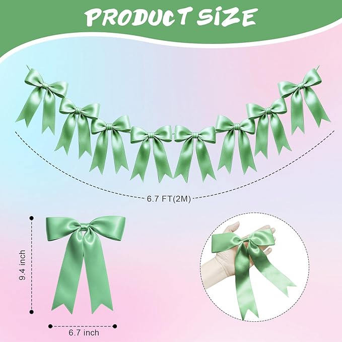 2 Strings of 16PCS Sage Green Bow Garlands Banner Decoration,Pre-Strung Satin Ribbon Ornaments for Birthday,Bachelorette Party,Bridal Shower,Wedding,Engagement,Baby Shower,Graduation Decor,Anniversary
